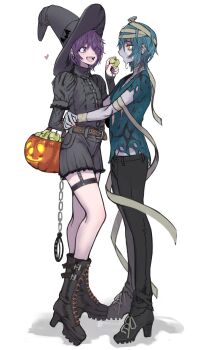 2boys 2n5 absurdres androgynous apple bad_id bad_twitter_id bandaged_head bandages bat_(animal) belt black_dress black_hat blue_hair brown_belt colored_skin commentary cosplay crossdressing crossdressing_(mtf) dress food frankenstein frankenstein&#039;s_monster frankenstein&#039;s_monster_(cosplay) fruit green_apple grey_skin halloween_bucket halloween_costume hat highres jack-o&#039;-lantern juliet_sleeves long_sleeves looking_at_another male_focus multiple_boys object_through_head one_eye_closed open_mouth original puffy_sleeves pumpkin purple_eyes purple_hair screw_in_head shirt short_hair stitches symbol-only_commentary torn_clothes torn_shirt trap witch_hat yellow_eyes