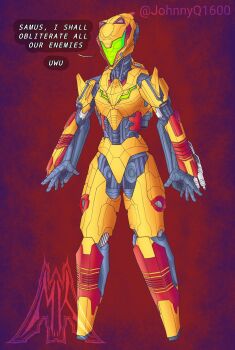 absurdres animal_ears arm_cannon armor artist_logo artist_name assault_visor cat_ears commentary english_commentary english_text fake_animal_ears green_visor highres humanoid_robot joints logo mecha mechabare mechanization metroid munch_k nintendo no_feet orange_armor purple_background red_armor red_background robot robot_joints samus&#039;s_gunship shoulder_fins solo speech_bubble twitter_username uwu variant_set weapon