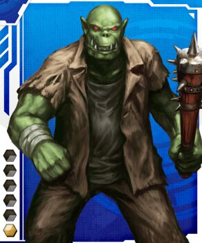 Rule 34 | 1boy, card (medium), colored skin, gradient background, green skin, lilith-soft, male focus, orc, pointy ears, red eyes, solo, taimanin (series), taimanin asagi battle arena all card gallery, taimanin asagi kessen arena, weapon
