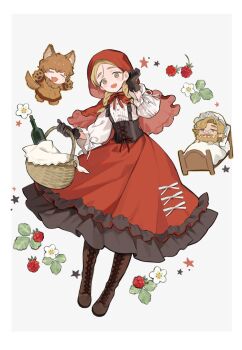 Rule 34 | 1boy, 1girl, animal ears, basket, beard, black gloves, blonde hair, bonnet, boots, border, bottle, braid, breasts, brown boots, capelet, character request, chi.: chikyuu no undou ni tsuite, chibi, commentary request, cosplay, facial hair, flower, food, fruit, full body, glasses, gloves, grey background, highres, holding, holding basket, hood, hood up, hooded capelet, jolenta, little red riding hood (fairy tale character), little red riding hood (fairy tale character) (cosplay), long sleeves, nowak (chi.), on bed, open mouth, parted bangs, picnic basket, pince-nez, puffy long sleeves, puffy sleeves, raspberry, red capelet, red skirt, sakitsu, shirt, skirt, small breasts, smile, suspenders, tail, twin braids, under covers, underbust, white bonnet, white border, white flower, white shirt, wine bottle, wolf ears, wolf tail, yellow eyes