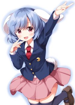 1girl :d animal_ears arm_up black_jacket black_thighhighs blue_hair blue_outline blush brown_shoes commentary_request completion_time cowboy_shot floppy_ears hand_up highres jacket long_sleeves looking_at_viewer necktie open_mouth outline pink_eyes pink_skirt pleated_skirt rabbit_ears rabbit_girl rabbit_tail red_necktie reisen_(touhou_bougetsushou) ruu_(tksymkw) shoes short_hair simple_background skirt smile solo tail thighhighs touhou white_background zettai_ryouiki