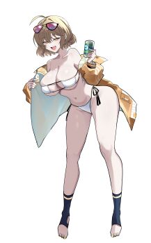 Rule 34 | 1girl, absurdres, ahoge, anis (nikke), anis (sparkling summer) (nikke), aviator sunglasses, bikini, breasts, cameltoe, can, collarbone, commentary request, drink can, eyepatch bikini, eyewear on head, full body, goddess of victory: nikke, highres, holding, holding can, jacket, kasuga kaya, korean commentary, large breasts, long sleeves, medium hair, navel, official alternate costume, open mouth, pink-tinted eyewear, side-tie bikini bottom, simple background, smile, soda can, solo, sunglasses, swimsuit, teeth, tinted eyewear, upper teeth only, white background, white bikini, yellow eyes, yellow jacket