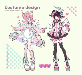 Rule 34 | 2girls, alternate costume, apron, aria (zenless zone zero), asymmetrical legwear, black thighhighs, border, bow, chocho 16, colored inner hair, dress, full body, green bow, green halo, hair between eyes, halo, headdress, heart, highres, long sleeves, looking at viewer, multicolored hair, multiple girls, nangong yu, one eye closed, pink dress, pink hair, pink thighhighs, purple eyes, red eyes, short twintails, streaked hair, striped clothes, striped thighhighs, thighhighs, twintails, uneven legwear, vertical-striped clothes, vertical-striped thighhighs, white apron, white border, white wings, wings, zenless zone zero