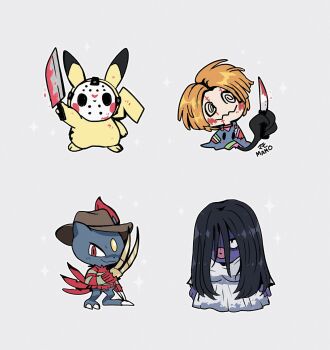 1girl 3boys a_nightmare_on_elm_street child&#039;s_play chucky chucky_(cosplay) clothed_pokemon cosplay freddy_krueger freddy_krueger_(cosplay) friday_the_13th gen_1_pokemon gen_2_pokemon gen_7_pokemon grey_background highres jason_voorhees jason_voorhees_(cosplay) jynx mamobot mimikyu multiple_boys nintendo no_humans pikachu pokemon simple_background sneasel the_ring yamamura_sadako yamamura_sadako_(cosplay)