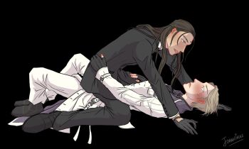 2boys artist_name bindi black_background black_gloves black_hair black_suit blonde_hair blue_eyes blush closed_mouth collar earrings final_fantasy final_fantasy_vii final_fantasy_vii_remake fingerless_gloves formal_clothes gloves jewelry johanirae long_hair looking_at_another lying male_focus multiple_boys parted_lips profile rufus_shinra short_hair signature simple_background sitting sitting_on_person square_enix suit sweat teeth tseng turks_(ff7) wing_collar yaoi