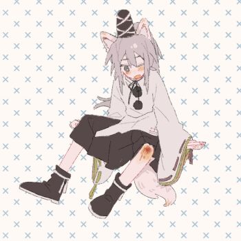 Rule 34 | 1girl, animal ear fluff, animal ears, black boots, black hakama, black hat, black ribbon, blood, blood drip, boots, bright pupils, commentary request, fang, footwear ribbon, fox ears, fox girl, fox tail, full body, green ribbon, grey eyes, grey hair, hair between eyes, hakama, hakama short skirt, hakama skirt, hat, hat ribbon, injury, invisible chair, japanese clothes, kariginu, kemonomimi mode, kimono, light blush, long hair, long sleeves, medium skirt, mononobe no futo, neck ribbon, one eye closed, open mouth, pain, pom pom (clothes), ponytail, red ribbon, ribbon, ribbon-trimmed sleeves, ribbon trim, scraped knee, sitting, skirt, sleeve ribbon, sleeves past wrists, solo, tail, tate eboshi, tearing up, touhou, white background, white kimono, white pupils, white ribbon, wide sleeves, wssjzwcmd