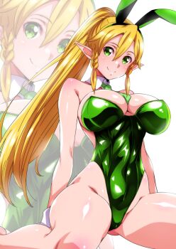 Rule 34 | 1girl, alternate costume, animal ears, between breasts, blonde hair, braid, breasts, cleavage, commentary request, detached collar, elf, fishnets, green eyes, green leotard, hair between eyes, highleg, highleg leotard, highres, impossible clothes, impossible leotard, island (kossori), large breasts, leafa (sao), leotard, long hair, looking at viewer, necktie, necktie between breasts, playboy bunny, pointy ears, ponytail, rabbit ears, shiny clothes, shiny skin, side braids, simple background, sitting, smile, solo, sword art online, twin braids, wariza, white background, wrist cuffs
