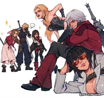 ... 2boys 4girls aerith_gainsborough artist_name black_choker black_hair black_thighhighs blonde_hair breasts buster_sword choker cleavage cloud_strife crossover dante_(devil_may_cry) devil_may_cry devil_may_cry_(series) devil_may_cry_4 final_fantasy final_fantasy_vii final_fantasy_vii_remake glasses gloves highres jacket kneeling lady_(devil_may_cry) long_hair looking_at_viewer lying multiple_boys multiple_girls mxxn-archive on_side pants rebellion_(sword) red_eyes shirt short_hair simple_background skirt smile sparkle sword sword_on_back thighhighs tifa_lockhart tinted_eyewear trish_(devil_may_cry) weapon weapon_on_back white_background white_hair white_jacket white_shirt
