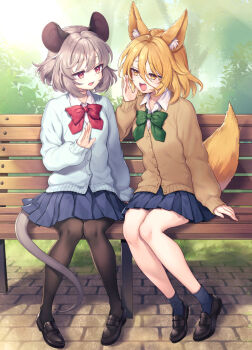 2girls alternate_costume animal_ears black_shoes blue_cardigan blue_skirt blue_socks bow bowtie cardigan commentary_request commission fox_ears fox_girl fox_tail green_bow green_bowtie hair_between_eyes kudamaki_tsukasa long_bangs long_sleeves medium_hair mouse_ears mouse_girl mouse_tail multiple_girls nazrin on_bench open_mouth outdoors pantyhose parted_lips red_bow red_bowtie school_uniform shirt shoes sitting skeb_commission skirt socks tail teeth tomobe_kinuko touhou upper_teeth_only white_shirt yellow_cardigan