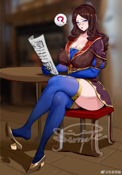 1girl ? ass blue_eyes blue_eyeshadow blue_gloves blue_thighhighs blurry book breasts brown_hair chair cleavage crossed_arms crossed_legs depth_of_field desk dress eyeshadow fate/grand_order fate_(series) glasses gloves high_heels highres huge_breasts indoors kuook large_breasts leonardo_da_vinci_(caster)_(fate) leonardo_da_vinci_(fate) looking_at_viewer makeup mature_female shoe_dangle thighhighs