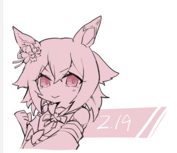 1girl :&gt; animal_ears bare_shoulders beer_hsk closed_mouth dated detached_sleeves hair_between_eyes horse_ears long_sleeves monochrome pink_eyes pink_theme sakura_chiyono_o_(umamusume) shirt sleeveless sleeveless_shirt solo umamusume upper_body v-shaped_eyebrows white_background wide_sleeves