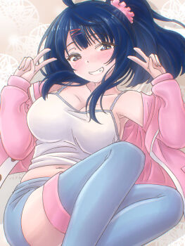 1girl bare_shoulders blue_eyes blue_hair blue_shorts blue_thighhighs breasts camisole cleavage commentary_request double_v grin hair_ornament hair_scrunchie hairclip highres jacket large_breasts long_hair looking_at_viewer make_heroine_ga_oo_sugiru! midriff navel oekaki_lemon open_clothes open_jacket pink_jacket pink_scrunchie ponytail scrunchie short_shorts shorts smile solo thighhighs v white_camisole yanami_anna