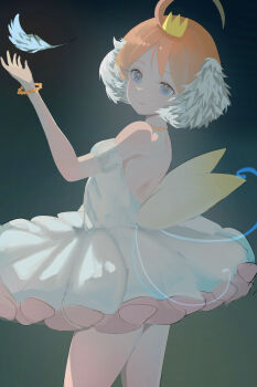 1girl absurdres ahiru_(princess_tutu) ahoge ballerina bare_shoulders bracelet commentary cowboy_shot crown enju_clerith feathers highres jewelry looking_at_object magical_girl mini_crown orange_hair princess_tutu princess_tutu_(character) solo tutu white_feathers white_hair