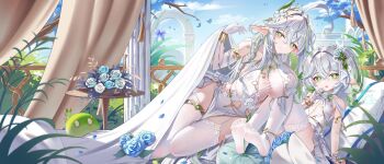 2girls absurdres ahoge alternate_breast_size_(larger) bare_shoulders blue_flower blush bracelet braid breasts chinese_commentary cleavage closed_mouth clothing_cutout collarbone commentary_request crystalfly_(genshin_impact) day dendro_slime_(genshin_impact) dress elbow_gloves flower garter_straps genshin_impact gloves gradient_hair green_eyes green_hair hair_between_eyes hair_flower hair_ornament hand_up highres jewelry jndfh large_breasts leaf_hair_ornament long_hair looking_at_viewer multicolored_hair multiple_girls nahida_(genshin_impact) navel navel_cutout open_mouth pelvic_curtain pointy_ears rukkhadevata_(genshin_impact) side_ponytail sitting slime_(genshin_impact) small_breasts smile symbol-shaped_pupils table thighhighs thighlet very_long_hair white_dress white_garter_straps white_gloves white_hair white_thighhighs