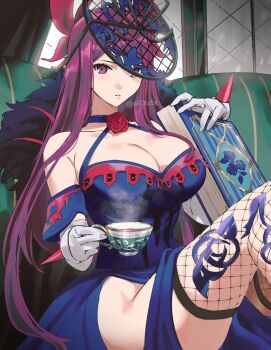 1girl bare_shoulders blue_dress book breasts brooch cleavage collarbone cup dress elbow_gloves fascinator fire_emblem fire_emblem_engage fishnet_thighhighs fishnets flower flower_brooch gloves highres holding holding_book holding_cup ivy_(fire_emblem) jewelry large_breasts long_hair looking_at_viewer nintendo parted_lips purple_eyes purple_hair rose sitting solo spiked steaming_cup teacup thighhighs thighs thorn_print ushiomi very_long_hair white_gloves