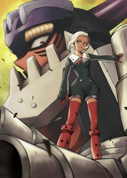 Rule 34 | 1girl, a-keru, blue jumpsuit, boots, commentary request, dark-skinned female, dark skin, dix-neuf, freckles, gloves, highres, jumpsuit, lal'c mellk mal, long sleeves, looking at viewer, mecha, necktie, red gloves, red necktie, red thighhighs, robot, sailor collar, short hair, standing, thighhighs, top wo nerae! (series), top wo nerae 2!, white hair, white sailor collar, yellow eyes