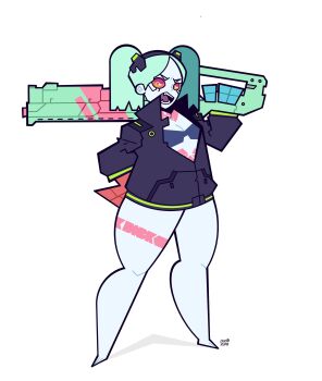 Rule 34 | 1girl, absurdres, alvaro gonzalez, angry, arm up, bare legs, barefoot, black bra, black jacket, blue skin, bra, breasts, cleavage, colored sclera, colored skin, cyberpunk (series), cyberpunk: edgerunners, cyborg, fangs, feet, forehead, full body, furrowed brow, green hair, gun, hairband, hand on own hip, high collar, highres, holding, holding gun, holding weapon, jacket, knees, leg tattoo, legs apart, looking at viewer, medium hair, neck tattoo, open mouth, original, over shoulder, oversized forearms, oversized limbs, parted bangs, partially unzipped, pink tattoo, pocket, rebecca (cyberpunk), red sclera, rifle, shadow, signature, simple background, small breasts, solo, standing, stomach tattoo, tattoo, teeth, thick thighs, thighs, tongue, toon (style), twintails, underwear, weapon, weapon over shoulder, white background