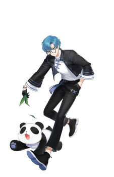 1boy :/ absurdres belt black-framed_eyewear black_belt black_gloves black_jacket black_pants black_shoes blue_hair bracelet closed_mouth closers feeding full_body glasses gloves hand_in_pocket highres holding holding_leaf jacket jewelry leaf leaning_forward leg_up looking_at_animal male_focus mandarin_collar nata_(closers) official_art open_clothes open_jacket panda pants round_eyewear running shirt shirt_tucked_in shoes short_hair solo teardrop-framed_glasses white_background white_shirt wide_sleeves