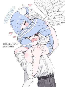 Rule 34 | > <, 1boy, 1girl, angel, angel wings, apron, blue hair, blush, closed eyes, halo, highres, hug, jersey maid, leg lock, loose socks, maid, miharu (wolrero), nichijou kamoshirenai, open mouth, original, sleeves past fingers, sleeves past wrists, socks, sora (wolrero), unconventional maid, wings, wolrero