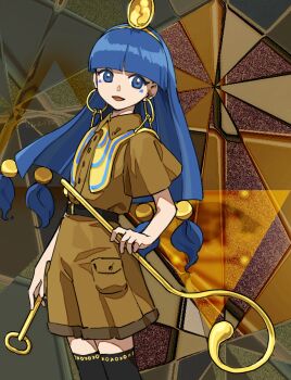 1girl belt belt_buckle black_belt black_thighhighs blue_eyes blue_hair blunt_bangs brown_shirt brown_shorts buckle buttons closed_mouth collared_shirt commentary_request earrings facial_mark facial_tattoo feet_out_of_frame fossilized_wonders from_below gold gold_buckle gold_earrings hair_bobbles hair_ornament headpiece highres holding holding_polearm holding_scepter holding_weapon jewelry kaigen_1025 key key_earrings long_hair looking_at_viewer looking_back michigami_nareko open_mouth pocket polearm scepter shirt shorts smile solo sphere_hair_ornament tattoo thighhighs touhou weapon