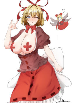 Rule 34 | 2girls, ?, absurdres, bandaid, bandaids on nipples, black shirt, blonde hair, blue eyes, blush, breasts, breasts out, commentary, frilled skirt, frills, hair ribbon, highres, lazyseal, looking at viewer, medicine melancholy, multiple girls, open mouth, pasties, petticoat, red ribbon, red skirt, ribbon, ribbon-trimmed skirt, ribbon trim, shirt, short hair, short sleeves, signature, simple background, skirt, su-san, touhou, white background