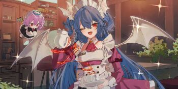 2girls aged_up alternate_costume alternate_hair_color alternate_hair_length alternate_hairstyle alternate_wing_color apron artist_request ascot bat_wings black_dress brooch cafe crystal_wings cup dress enmaided flandre_scarlet flandre_scarlet_(vampire_pursuing_the_hunter) game_cg halo head_wings highres holding holding_saucer holding_teapot jewelry juliet_sleeves long_hair long_sleeves looking_at_viewer maid maid_apron maid_headdress multicolored_wings multiple_girls official_art one_eye_closed open_mouth pink_dress pouring puffy_sleeves purple_hair red_ascot red_eyes remilia_scarlet remilia_scarlet_(modern-day_makai's_charismatic_mistress) saucer smile sparkle tea teacup teapot third-party_source touhou touhou_lostword translation_request very_long_hair white_apron white_wings wings