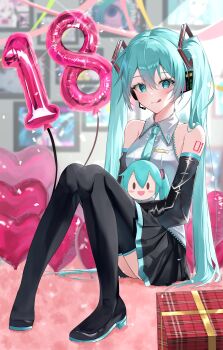 1girl absurdres antenna_39_(vocaloid) aqua_eyes aqua_hair aqua_necktie balloon bare_shoulders black_boots black_skirt blurry blurry_background boots box character_doll commentary_request detached_sleeves doll full_body future_eve_(vocaloid) fuwapuchi gift gift_box grey_shirt happy_birthday hatsune_miku headset highres holding holding_toy long_hair looking_at_viewer mahou_shoujo_to_chokorewito_(vocaloid) monitoring_(vocaloid) necktie number_tattoo picture_frame pita_39 pleated_skirt shirt shoulder_tattoo sitting skirt sleeveless sleeveless_shirt solo tattoo thigh_boots tongue tongue_out toy twintails vocaloid