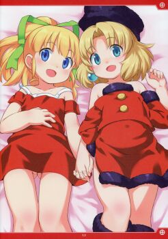 2girls absurdres aqua_eyes artbook bed_sheet blonde_hair blue_eyes dress unworn_dress earrings eyelashes feet_out_of_frame female_focus flat_chest from_above fur_trim gluteal_fold green_ribbon hair_ribbon hand_on_own_stomach hand_up highres holding_hands huge_filesize inou_shin jewelry joints kalinka_cossack_(mega_man) loli long_hair lying medium_hair mega_man_(classic) mega_man_(series) multiple_girls non-web_source nude on_back open_mouth page_number parted_bangs pink_background purple_headwear red_dress red_shirt red_skirt ribbon robot_joints roll_(mega_man) scan shirt sidelocks skirt thighs