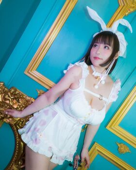 1girl breasts brown_eyes brown_hair collar dress fake_bunny_ears female_focus headband highres instrument large_breasts looking_at_viewer medium_hair model photo_(medium) real_life shibuya_kaho smile solo violin white_dress white_headband