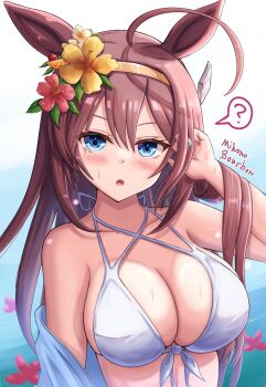 1girl :o ahoge animal_ears aqua_nails bikini blue_eyes blush breasts brown_hair cleavage commentary double-parted_bangs flower gloves gold_hairband hair_between_eyes hair_flower hair_ornament hairband hibiscus highres horse_ears horse_girl huge_ahoge jacket large_breasts lio_(maguri) long_hair looking_at_viewer mihono_bourbon_(umamusume) open_mouth pink_nails red_flower solo swimsuit symbol-only_commentary umamusume upper_body white_bikini white_jacket yellow_gloves