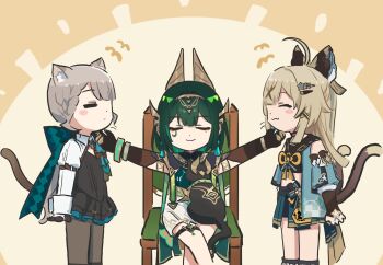 3girls animal_ears black_cat black_gloves brown_hair cat cat_ears cat_girl cat_tail chair closed_eyes closed_mouth dress genshin_impact gloves green_eyes green_hair grey_hair happy highres japanese_clothes kirara_(genshin_impact) long_hair long_sleeves looking_at_another lynette_(genshin_impact) multiple_girls nefer_(genshin_impact) nekomata on_chair pantyhose purple_eyes short_hair sitting smile standing tail xinzoruo