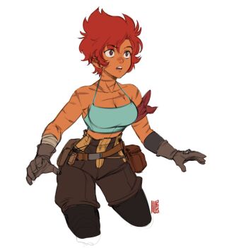 1girl alternate_hair_length alternate_hairstyle armband bandaged_arm bandages bare_shoulders belt belt_pouch black_pantyhose breasts brown_belt brown_eyes brown_gloves brown_shorts cleavage commentary crop_top cropped_legs dark-skinned_female dark_skin david_liu english_commentary eyelashes gloves maria_(space_maria) midriff open_mouth pantyhose pouch red_armband red_hair scar scar_on_arm scar_on_neck scar_on_shoulder short_hair shorts simple_background solo space_maria teeth upper_teeth_only white_background