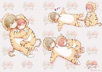2boys animal_costume animal_print cuddling given highres hug light_green_hair male_focus multiple_boys raspberry_003 red_hair satou_mafuyu sleeping sleeping_on_person tail tail_pull tiger_costume tiger_print tiger_tail grid_background yaoi yuki_yoshida
