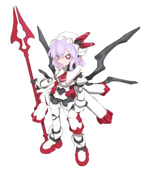 1girl absurdres ascot bright_pupils cheri_zao closed_mouth commentary full_body highres holding holding_polearm holding_weapon joints light_purple_hair looking_at_viewer mechanical_wings mechanization medium_hair mega_man_(series) mega_man_zx polearm red_ascot red_eyes remilia_scarlet robot_girl robot_joints simple_background smile solo spear_the_gungnir touhou weapon white_background white_headwear white_pupils wings