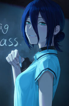 1girl artist_name black_choker chainsaw_man choker green_eyes hair_bun highres reze_(chainsaw_man) shirt signature single_hair_bun sleeveless sleeveless_shirt solo tooku0