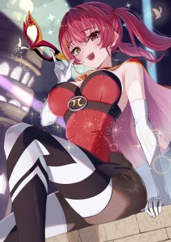 1girl :d absurdres black_pantyhose blurry blurry_background breasts brick_wall bug butterfly capelet commentary domino_mask elbow_gloves eye_mask floating_hair gloves heterochromia highleg highleg_leotard highres holding holding_mask hololive houshou_marine how_about_paipai_mask?_(houshou_marine) insect knee_up large_breasts leotard long_hair looking_at_viewer looking_down mask night official_alternate_costume on_wall open_mouth outdoors pantyhose pi_(math) pink_capelet puripuri red_capelet red_eyes red_hair red_leotard sitting smile solo strapless strapless_leotard teeth thighhighs twintails two-sided_capelet upper_teeth_only virtual_youtuber white_gloves white_thighhighs yellow_eyes