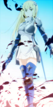 1girl absurdres aiz_wallenstein armor black_gloves blonde_hair blood blood_splatter blue_background blue_socks blue_thighhighs boots breastplate breasts closed_mouth dress dungeon_ni_deai_wo_motomeru_no_wa_machigatteiru_darou_ka female_focus gloves headgear highres holding holding_sword holding_weapon large_breasts legs long_glove long_hair long_image miniskirt no_bra pleated_skirt scabbard sexually_suggestive sheath skirt socks solo solo_focus stitched sword sword_oratoria thigh_boots thighhighs thighs third-party_edit weapon white_dress white_skirt yellow_eyes zettai_ryouiki