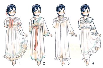 1girl black_hair breasts commentary_request dress hair_ribbon highres hitsuki_(hiidukii) honzuki_no_gekokujou long_dress medium_breasts myne_(honzuki_no_gekokujou) nightgown ribbon shoes single_sidelock skirt_hold watermark white_dress white_nightgown white_shoes yellow_eyes