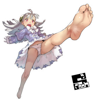 1girl artist_name barefoot capcom_fighting_jam commentary_request feet hairpods ingrid_(capcom) long_hair open_mouth panties red_eyes simple_background solo soon_(c-u-soon) toes underwear white_background white_panties