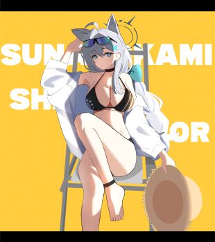 1girl absurdres ahoge arm_up bikini black-framed_eyewear black_bikini black_choker blue-tinted_eyewear blue_archive blue_eyes breasts broken_halo chair character_name chinese_commentary choker cleavage commentary_request cross_hair_ornament dada0082 deck_chair extra_ears eyewear_on_head feet folding_chair grey_hair grey_halo hair_ornament halo hat highres large_breasts leg_up letterboxed long_hair on_chair open_clothes open_shirt over-rim_eyewear semi-rimless_eyewear shiroko_terror_(blue_archive) shirt simple_background sitting solo stomach straw_hat sun_hat sunglasses swimsuit tail tinted_eyewear white_shirt wolf_girl wolf_tail yellow_background