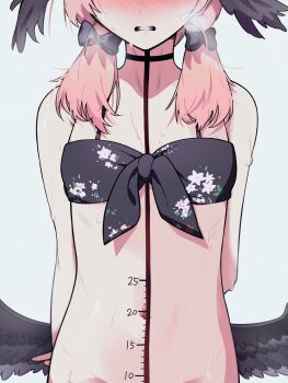 Rule 34 | 1girl, arms behind back, bare shoulders, bikini, black bikini, black bow, black wings, blue archive, blush, bow, clenched teeth, dick-o-meter, floral print, floral print bikini, hair bow, head wings, highres, koharu (blue archive), koharu (swimsuit) (blue archive), length markings, low wings, measuring, navel, penis measuring, pink hair, print bikini, simple background, solo, stomach, swimsuit, teeth, uumi hinata, wings