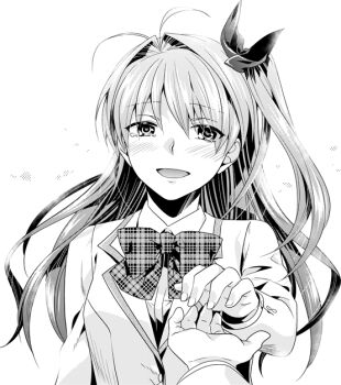 1boy 1girl :d ahoge blush bow bowtie chaos;head collared_shirt commentary_request greyscale happy_tears ikuhashi_muiko long_hair long_sleeves looking_at_viewer monochrome nishijou_takumi open_mouth plaid_bow plaid_bowtie plaid_clothes pov pov_hands sakihata_rimi school_uniform science_adventure shirt simple_background smile suimei_academy_school_uniform tears tongue upper_body white_background