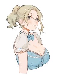 Rule 34 | 1girl, blonde hair, blue bow, blue bowtie, bow, bowtie, breasts, cleavage, commentary, dress, english commentary, frills, high ponytail, highres, large breasts, looking to the side, original, short sleeves, shouz, upper body, white background, yellow eyes