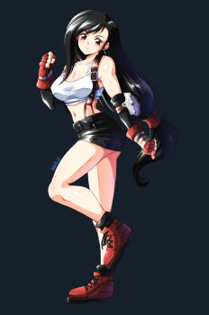 1girl artist_name black_hair black_skirt breasts cleavage crop_top danmakuman female_focus final_fantasy final_fantasy_vii fingerless_gloves full_body gloves highres large_breasts long_hair looking_at_viewer midriff miniskirt navel red_eyes red_gloves red_shoes shirt shoes signature simple_background skirt smile solo square_enix standing standing_on_one_leg suspenders tifa_lockhart very_long_hair white_shirt