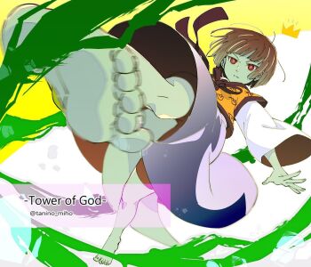 1girl anak_zahard artist_name barefoot brown_eyes brown_hair colored_skin commentary_request copyright_name crown feet foreshortening green_skin hanbok instagram_username kicking korean_clothes lizard_tail lizardman long_sleeves looking_at_viewer motion_blur official_art reptile_girl short_hair soles solo standing standing_on_one_leg tail tanino_miho toenails toes tower_of_god wide_sleeves yellow_hanbok