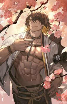 1boy abs armor black_hair blonde_hair branch cherry_blossoms cup facial_hair falling_petals flower hair_over_one_eye hand_on_own_hip highres holding holding_cup japanese_armor japanese_clothes kimono lack male_focus multicolored_hair muscular muscular_male nagasone_kotetsu partially_undressed petals pink_flower shoulder_armor smile sode solo stubble touken_ranbu two-tone_hair white_kimono yellow_eyes