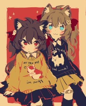 2girls :&lt; :3 ahoge alternate_costume anger_vein animal_ear_fluff animal_ears asymmetrical_legwear bandaid bandaid_on_knee bandaid_on_leg black_skirt black_socks black_sweater blue_eyes blush_stickers border bow broken_heart broken_heart_hair_ornament brown_hair cat cat_ears closed_mouth collared_shirt commentary english_commentary english_text evil_neuro-sama feet_out_of_frame hair_bow hair_ornament heart heart_hair_ornament highres long_hair long_sleeves looking_at_viewer multiple_girls neuro-sama pasharuu red_background red_bow red_eyes shirt sitting skirt skull_hair_ornament socks sparkle speech_bubble sweater two_side_up uneven_legwear vedal_ai virtual_youtuber yellow_border yellow_skirt yellow_sweater