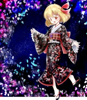 1girl 4183rumia back_bow black_kimono blonde_hair border bow colored_eyelashes commentary_request fang frilled_kimono frills full_body hair_ribbon highres japanese_clothes kimono leaf_print light_blush long_sleeves looking_at_viewer maple_leaf_print nail_polish open_mouth outside_border petals red_bow red_eyes red_nails red_ribbon ribbon rumia sandals sash short_hair sky smile solo star_(sky) starry_sky touhou white_border wide_sleeves
