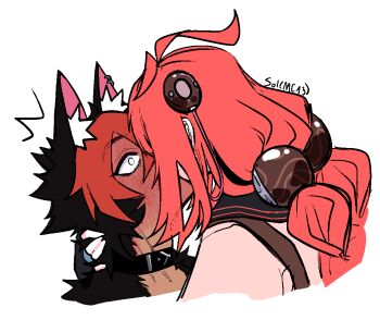 1boy 1girl ^^^ animal_ear_fluff animal_ears arms_around_neck artist_name black_gloves black_hair blush body_fur braid braided_twintails cardigan collar dog_boy dog_ears ear_piercing fingerless_gloves from_side full-face_blush gloves hair_between_eyes hair_ornament hand_on_another&#039;s_neck hearing_aid hetero kiss komano_manato long_hair multicolored_hair piercing pink_cardigan portrait red_hair short_hair simple_background sol_mc13 sphere_hair_ornament ukinami_yuzuha white_background white_eyes zenless_zone_zero