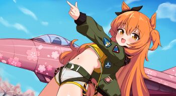 1girl aircraft airplane animal_ears belt blue_sky blush bomber_jacket bow cherry_blossom_print commentary crop_top day ear_ribbon fighter_jet floral_print green_belt green_jacket highres horse_ears horse_girl horse_tail jacket long_hair long_sleeves looking_at_viewer mayano_top_gun_(scramble_zone)_(umamusume) mayano_top_gun_(umamusume) midriff military_vehicle nakoni_(solalalala) navel open_mouth orange_eyes orange_hair orange_tail short_shorts shorts sky smile solo tail tank_top thighs two_side_up umamusume white_shorts yellow_tank_top